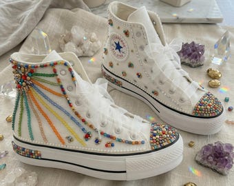 Boho Bridal Sneakers Colorful Wedding Shoes Pearl Bride Sneakers Unique Wedding Sneakers Handmade Bridal Shoes