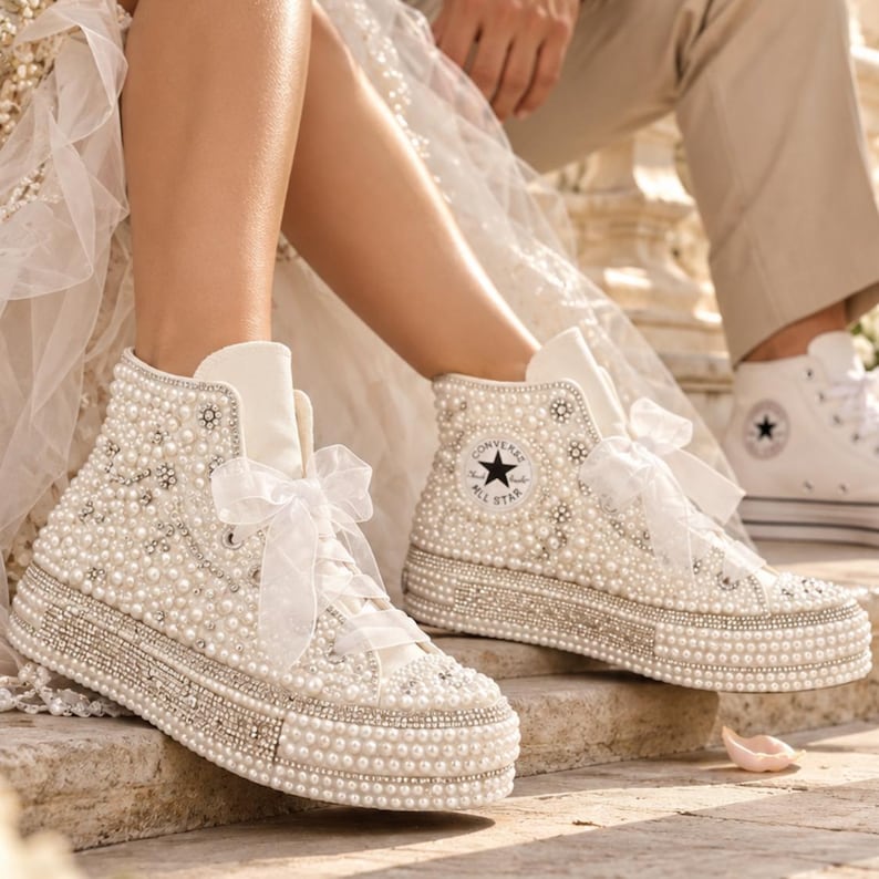 Pearl Bridal Converse Sneakers, Luxury Wedding Shoes, White Platform ...