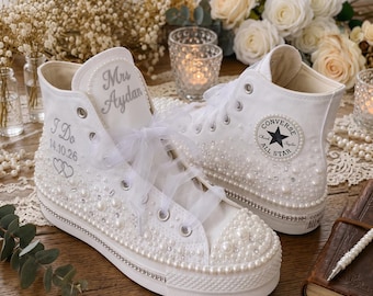 Sneakers Converse da sposa con perle, scarpe da sposa personalizzate, Converse con plateau fatte a mano, sneakers da sposa eleganti, sneakers da sposa personalizzate