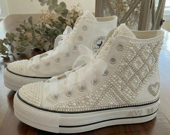 Tênis de noiva com pérolas, Converse de luxo para casamento, sapatos de noiva personalizados, tênis de noiva com cristais, sapatos de casamento personalizados