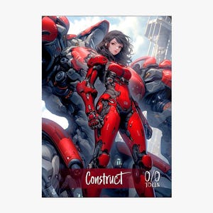 以下が含まれることがあります： 赤い未来的なスーツを着た女性と、大きな赤とグレーのロボットのイラスト。 「Construct」の文字が筆記体で書かれ、その下に「0/0 TOKEN」と書かれています。 背景には都市景観が描かれています。