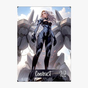Può includere: Illustrazione digitale di una donna in tuta futuristica bianca e nera, in posa davanti a una grande struttura meccanica grigia. L'immagine include la parola "Construct" e "0/0 TOKEN".
