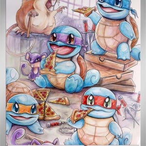 May include: A trading card titled Teenage Mutant Ninja Squirtle Squad with 300 HP. The illustration features four blue Squirtle characters wearing colored masks, eating pizza slices, accompanied by two rat characters, with ninja weapons scattered around.