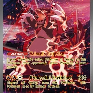 Könnte beinhalten: Eine Primal Groudon ex Sammelkarte mit 280 KP, die eine rote und schwarze Kreatur in einer Vulkanlandschaft zeigt. Die Karte enthält die Fähigkeit Volcanic Eruption und den Angriff Primordial Earthflare, mit einer Wasserschwäche und Rückzugskosten von vier.