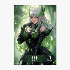 Può includere: Illustrazione di un'elfa con lunghi capelli bianchi e dettagli verdi. L'elfa indossa un abito nero e verde con dettagli a forma di foglia. L'immagine presenta il testo "ELF" e "1/1 TOKEN". Lo sfondo è una scena di foresta sfocata.