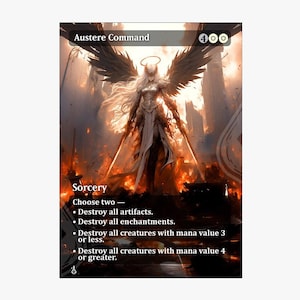Peut inclure: Carte "Austere Command" avec une illustration fantastique d'une figure ailée avec un halo, tenant deux épées. Le texte de la carte décrit les effets de la sorcellerie, y compris la destruction d'artefacts, d'enchantements et de créatures.
