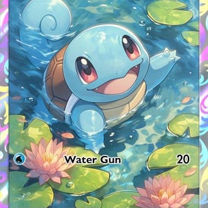 May include: A Squirtle trading card featuring a light blue turtle-like creature swimming in a pond with green lily pads and pink water lilies. The card displays the text Squirtle, HP 60, Water Gun 20, and a weakness to lightning with a multiplier of two.