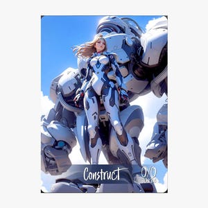 Può includere: Immagine di arte digitale di una donna in tuta futuristica bianca e blu in piedi di fronte a un grande robot bianco e grigio. La parola "Construct" è in basso nell'immagine, con "0/0 TOKEN" accanto.