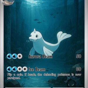Peut inclure: Une carte à collectionner Dewgong représentant une créature blanche ressemblant à un phoque nageant dans des eaux bleu foncé. La carte affiche le nom Dewgong, 80 PV, les attaques Aurora Beam et Ice Beam, ainsi qu'un texte sur l'énergie thermique.