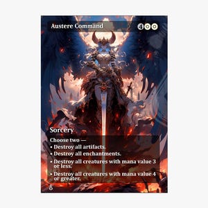 Peut inclure: Une carte de fantasy intitulée "Austere Command" représente une figure ailée tenant une épée. La carte a une palette de couleurs sombres et du texte indiquant qu'il s'agit d'une sorcellerie avec plusieurs effets, dont la destruction d'artefacts et de créatures.