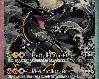 May include: A Rayquaza ex trading card featuring a black, serpentine dragon-like creature with yellow markings against a dark, swirling wave background. The card displays the text Rayquaza ex, HP 250, Emerald Armada, and Nova Incinerator.