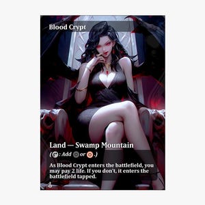 Puede incluir: Carta de fantasía con una mujer vestida de negro sentada en un trono. La carta está etiquetada como "Blood Crypt" y "Land - Swamp Mountain". El texto describe el efecto de la carta. La mujer tiene cabello oscuro y ojos rojos.