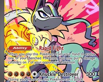 Peut inclure: Une carte à collectionner Mega Lucario Z EX avec 340 PV, présentant une illustration stylisée du personnage en noir, jaune et bleu sur un fond rose. La carte affiche le texte de la capacité Rapid Fight et de l'attaque Knuckle Destroyer.