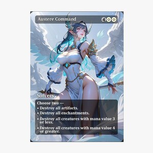 Peut inclure: Une carte Magic: The Gathering intitulée "Austere Command". La carte présente une illustration fantastique d'une femme aux cheveux bleus et aux ailes blanches. Le texte de la carte donne des instructions pour détruire des artefacts, des enchantements et des créatures.
