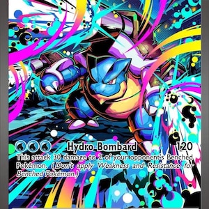 May include: A Mega Blastoise EX trading card featuring a blue turtle-like creature with cannons, set against a vibrant, multi-colored background with abstract light streaks. The card displays 360 HP, the Hydro Bombard attack, and text details.
