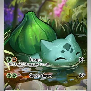 Könnte beinhalten: Eine Bulbasaur-Sammelkarte mit einem hellgrünen Wesen, das eine große grüne Zwiebel auf dem Rücken trägt und teilweise in einem flachen, steinigen Bach liegt. Die Karte zeigt den Namen Bulbasaur, 70 KP sowie die Angriffe Scrape und Grass throw.