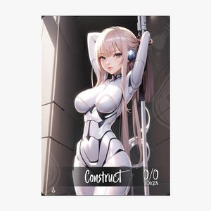 Puede incluir: Arte digital de una figura femenina con un traje futurista blanco de diseño elegante. La figura tiene cabello largo y claro y lleva auriculares. La palabra "Construct" se muestra en la parte inferior, junto con "0/0 TOKEN".