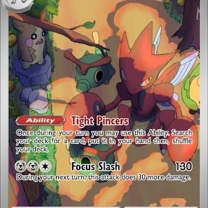 Peut inclure: Une carte à collectionner Bugsy's Scizor représentant une créature rouge ressemblant à un insecte avec de grandes pinces, une créature verte ressemblant à une chenille et une petite créature brune. La carte affiche le texte Bugsy's Scizor, HP 140.