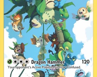 Puede incluir: Una carta coleccionable de Pokémon que muestra a Alolan Exeggutor con 220 HP. La carta presenta una criatura alta similar a una palmera rodeada de varios personajes Pokémon pequeños y coloridos. El texto incluye Dragon Hammer y 120 de daño.