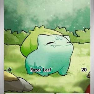 Könnte beinhalten: Eine Bulbasaur-Sammelkarte mit einem hellgrünen Wesen mit einer Zwiebel auf dem Rücken, das auf einer Wiese steht. Die Karte zeigt den Text Bulbasaur, HP 50, Razor Leaf 20 und enthält Copyright-Informationen am unteren Rand.