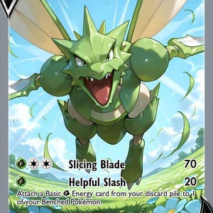 May include: A Scyther V trading card featuring a green, insect-like creature with sharp blade-like arms. The card displays 70 HP, the attacks Slicing Blade and Helpful Slash, and text detailing the V rule, all set against a bright, grassy landscape.