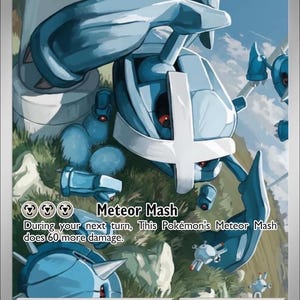 Könnte beinhalten: Eine Sammelkarte mit den Pokémon Beldum, Metang und Metagross mit 360 KP. Die Karte zeigt den Text Beldum, Metang and Metagross, Meteor Mash sowie Spielstatistiken wie Schwäche, Resistenz und Rückzugskosten in einem metallischen Rahmen.