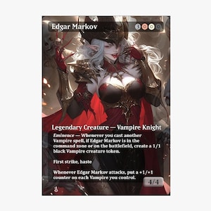 Può includere: Una carta di Magic: The Gathering con Edgar Markov, una Creatura Leggendaria Vampire Knight. L'artwork raffigura una figura dalla pelle chiara in un abito rosso e nero con lunghi capelli bianchi. Il testo della carta include abilità come Eminence, First strike e haste.