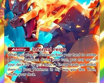 Puede incluir: Una carta coleccionable Charizard ex que muestra una criatura de fuego naranja similar a un dragón con 360 HP. La carta presenta la habilidad Infernal reign, el ataque Flame Thrower con 120 de daño, debilidad al agua x2 y coste de retirada de dos.