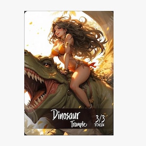 Può includere: Carta illustrata con una donna che cavalca un dinosauro verde. La donna indossa abiti arancioni e ha lunghi capelli castani. La carta recita "Dinosaur Trample" e "3/3 TOKEN".