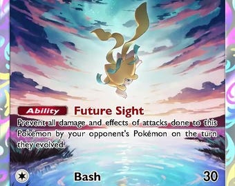 Puede incluir: Una carta coleccionable de Jirachi que muestra a una pequeña criatura amarilla con forma de estrella flotando sobre un cuerpo de agua reflectante bajo un cielo crepuscular. La carta muestra el texto Jirachi, HP 70, Ability Future Sight y Bash 30.