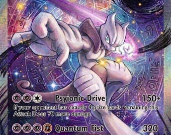 May include: A Mega Mewtwo X ex trading card featuring a purple and blue cosmic background with a circular runic design. The character Mewtwo is depicted in a dynamic pose with glowing energy. Text includes Psionic Drive and Quantum Fist attacks.