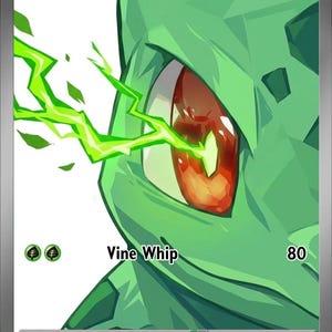 Könnte beinhalten: Eine Bulbasaur ex Sammelkarte mit einer Nahaufnahme des grünen Wesens mit einem leuchtend roten Auge und hellgrünen Energieblitzen. Die Karte zeigt 140 KP, die Attacke Rankenhieb mit 80 Schaden und den Text Pokémon ex rule am unteren Rand.