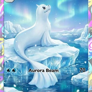 May include: A Dewgong trading card featuring a white seal-like creature on an iceberg under a blue aurora sky. The card displays 130 HP, a water energy symbol, the Aurora Beam attack with 70 damage, and text describing its sleeping and hunting habits.