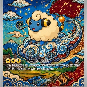 May include: A Mareep ex trading card with 300 HP and electric type symbol. The card features a blue and cream sheep-like creature floating on a stylised blue cloud. The background displays a vibrant landscape with batik-inspired patterns, a mountain, and traditional houses. Text includes Mareep ex, Awan Batik, and game mechanics.