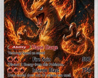 May include: A Mega Charizard EX trading card featuring a fiery orange and black dragon creature with large wings. The card displays 350 HP, the ability Flame Charge, and attacks including Fire Spin, Inferno Blast, and the signature move Crimson Flare.