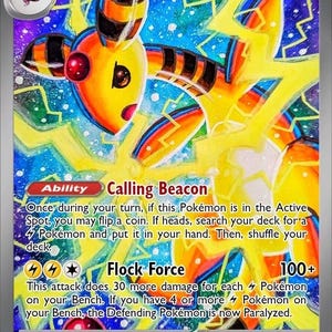 May include: A holographic Ampharos ex trading card with 320 HP, featuring a yellow and black striped character surrounded by bright yellow lightning bolts against a blue and purple background. The card displays the text Calling Beacon and Flock Force.
