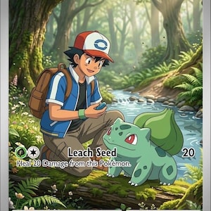 Pode incluir: Uma carta colecionável apresentando Ash's Bulbasaur com 80 HP. A ilustração mostra um personagem de jaqueta azul e boné vermelho ajoelhado perto de um riacho com um Bulbasaur verde. O texto inclui 'Leach Seed', 'Heal 20 Damage from this Pokémon' e '420/420'.