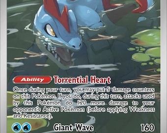 Puede incluir: Una carta coleccionable de Feraligatr que muestra una criatura reptiliana azul con espinas dorsales rojas emergiendo del agua con nenúfares. La carta muestra 180 HP, la habilidad Torrential Heart y el ataque Giant Wave con 160 de daño.