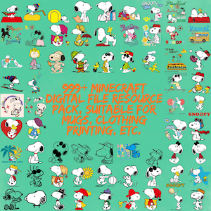 Puede incluir: Ilustraciones del personaje Snoopy en varias poses y atuendos sobre un fondo turquesa. La imagen incluye el texto: "999+ Minecraft Digital File Resource Pack, Suitable for Mugs, Clothing Printing, Etc."