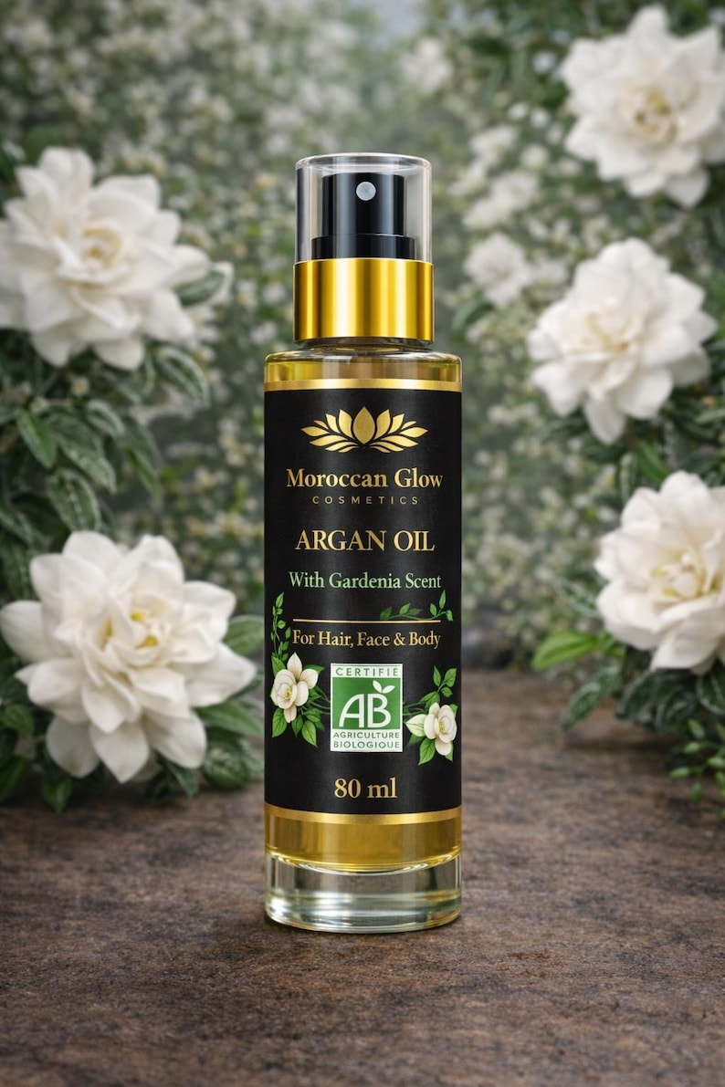 Puede incluir: Una botella de vidrio transparente de aceite de arg&aacute;n Moroccan Glow Cosmetics con aroma a gardenia. La etiqueta es negra con detalles dorados y texto blanco. La botella contiene 80 ml de aceite y es apta para cabello, rostro y cuerpo. Flores blancas en el fondo.