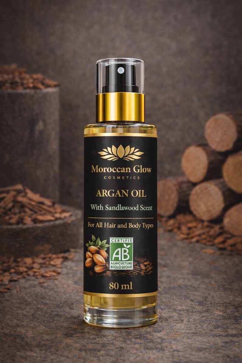 Puede incluir: Una botella de vidrio transparente de Aceite de Arg&aacute;n Moroccan Glow con tapa dorada y etiqueta negra. La etiqueta dice "ARGAN OIL With Sandalwood Scent" y "For All Hair and Body Types". La botella contiene 80 ml de producto.