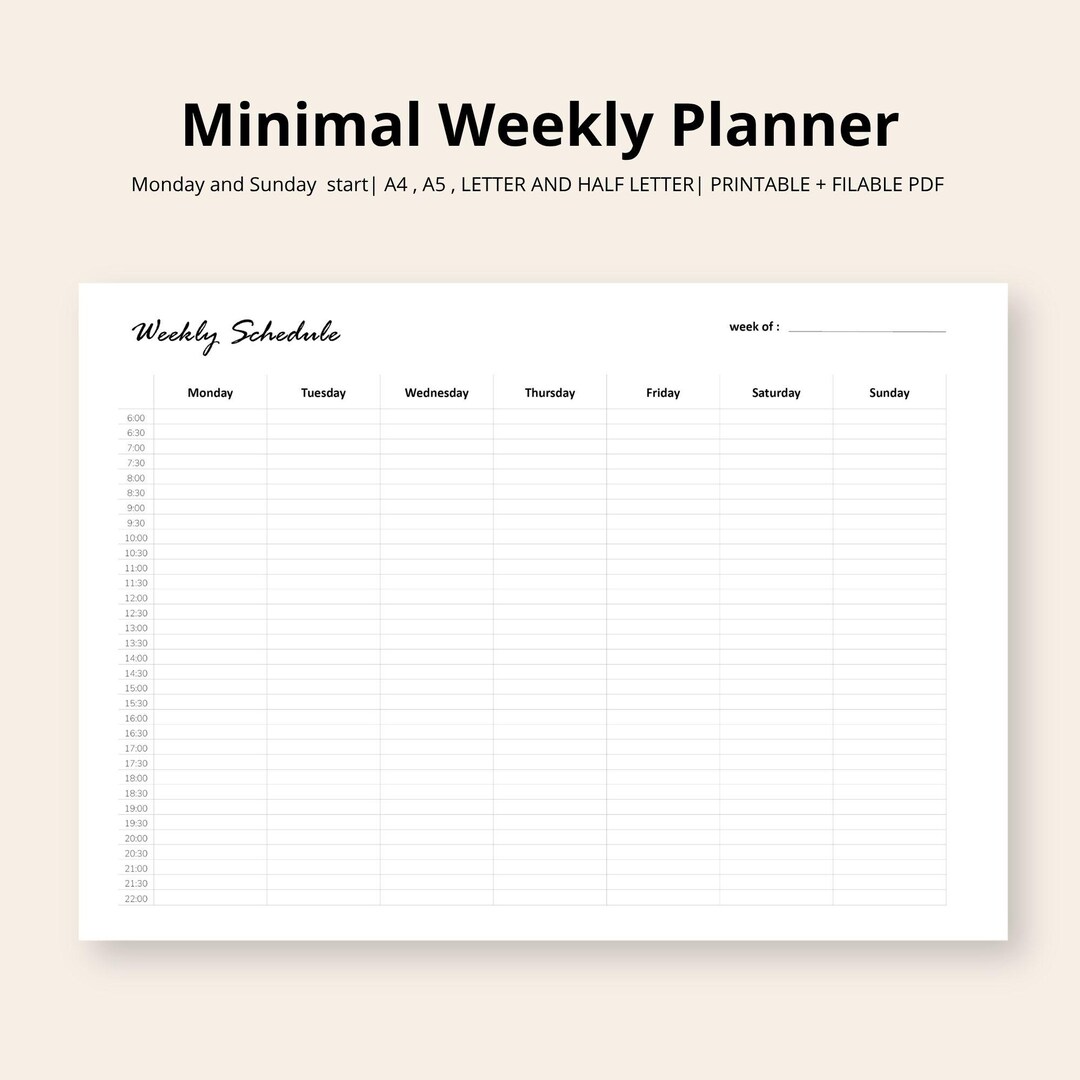 Minimal Weekly Planner Printable PDF Fillable Schedule Digital Download ...