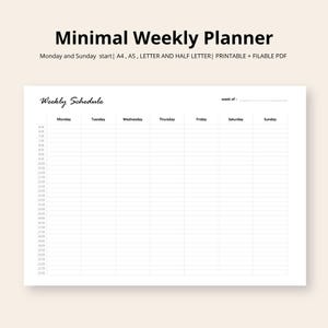 Minimal Weekly Planner Printable PDF Fillable Schedule Digital Download