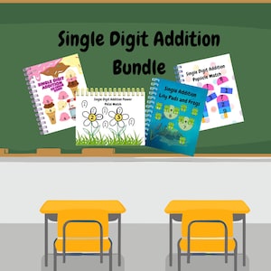 May include: A bundle of single-digit addition workbooks with colorful covers. The workbooks feature illustrations of ice cream cones, flowers, lily pads, frogs, and popsicles. The title "Single Digit Addition Bundle" is displayed at the top.