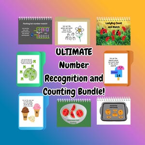 May include: A colorful educational bundle for number recognition and counting. Includes various activities like parking lot matching, flower petal matching, ladybug counting, and more. Features the text "ULTIMATE Number Recognition and Counting Bundle!"