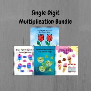 May include: A bundle of educational materials for single-digit multiplication. The image shows several spiral-bound workbooks with colorful illustrations. Titles include "Flower Petal Match," "Popsicle Matching," "Lily Pads and Frogs," and "Ice Cream Cones." The text "Single Digit Multiplication Bundle" is at the top.