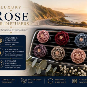 May include: Six rose-shaped car air fresheners in pink, dark red, blue, purple, beige, and peach attached to a car air vent. Text reads: LUXURY ROSE CAR DIFFUSERS, AVAILABLE IN 8 COLOURS, CHOOSE YOUR FAVOURITE FRAGRANCE, REFILLABLE & REUSABLE, LONG LASTING FRAGRANCE, ECO-FRIENDLY BASE, HAND-FILLED IN DEVON.