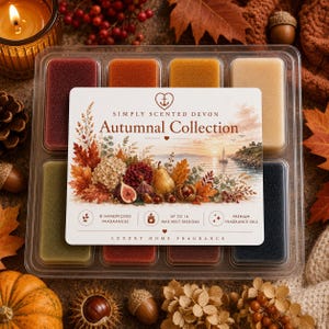 May include: A clear plastic tray containing eight rectangular wax melts in various colours, topped with a label reading Simply Scented Devon Autumnal Collection, featuring illustrations of autumn leaves, a pear, a fig, and a sailboat.