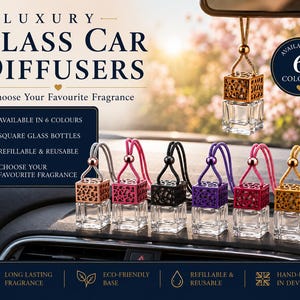 May include: Six square glass car diffusers with decorative metal caps in rose gold, pink, black, purple, red, and gold. Each diffuser features a matching hanging cord and is refillable. Text on the image reads Luxury Glass Car Diffusers.