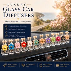 May include: A collection of twelve square glass car diffusers with wooden caps and colourful flower accents. The text reads: LUXURY GLASS CAR DIFFUSERS, AVAILABLE IN 12 COLOURS, SQUARE GLASS BOTTLES, REFILLABLE & REUSABLE, CHOOSE YOUR FAVOURITE FRAGRANCE, LONG LASTING FRAGRANCE, ECO-FRIENDLY BASE, REFILLABLE & REUSABLE, HAND-FILLED IN DEVON.